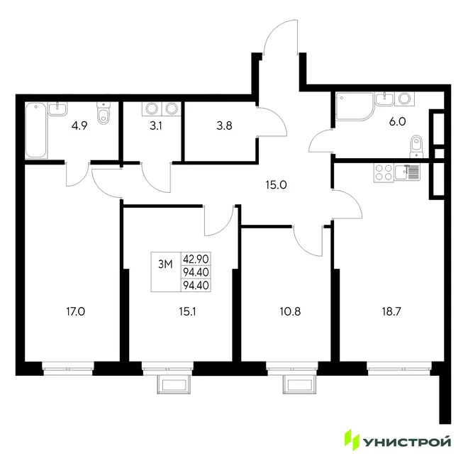 Планировка 3-комн. квартира, 94.4 м² ЖК «Стадиум» Планировка 3-комн. квартира, 94.4 м² ЖК «Стадиум»