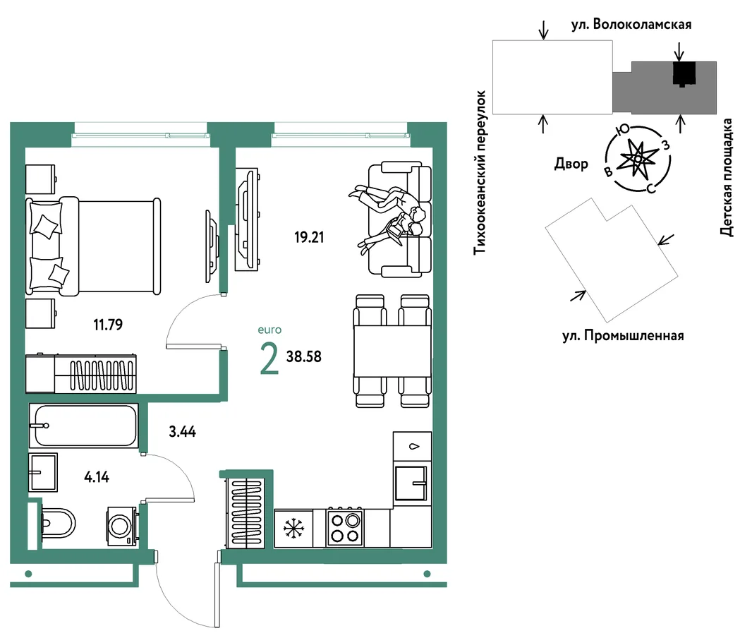 Планировка 2-комн. квартира, 38.58 м² ЖК «Страна Прибрежная»