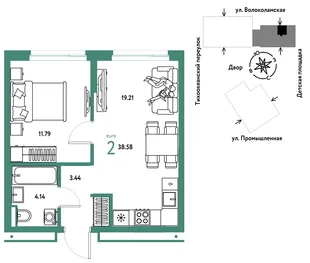 Планировка 2-комн. квартира, 38.58 м² ЖК «Страна Прибрежная»