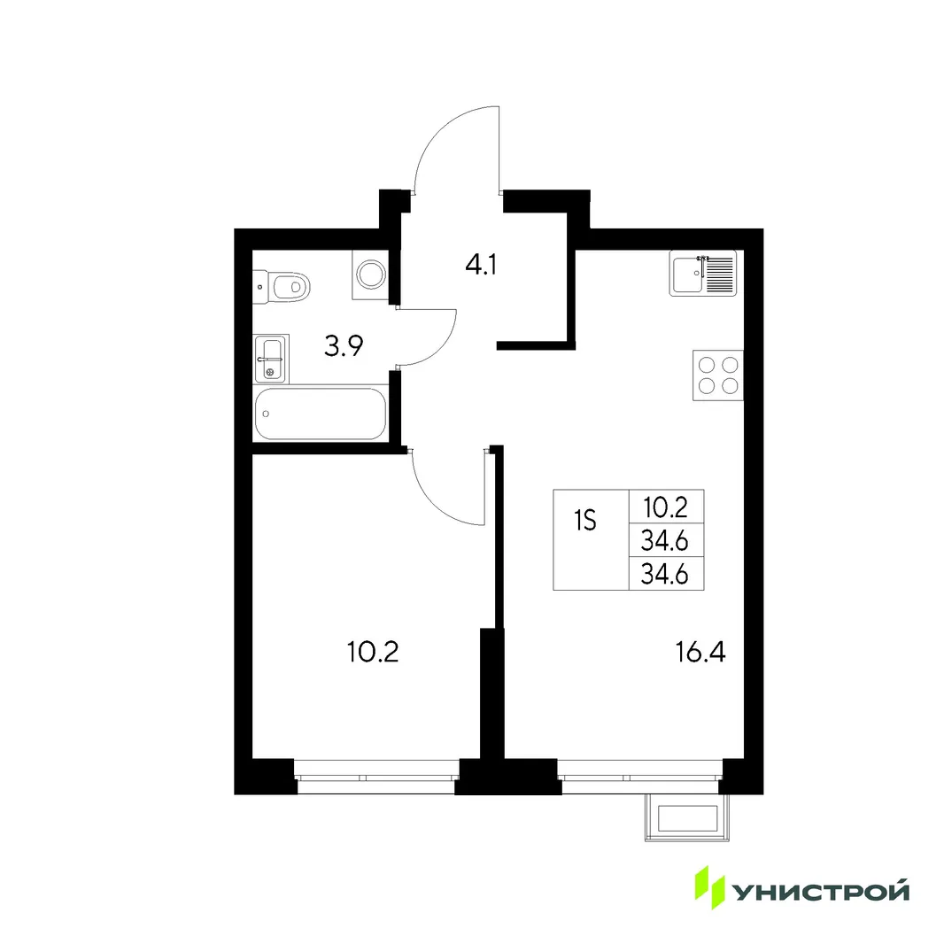 Планировка 1-комн. квартира, 34.6 м² ЖК «Стадиум»