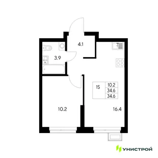 Планировка 1-комн. квартира, 34.6 м² ЖК «Стадиум»