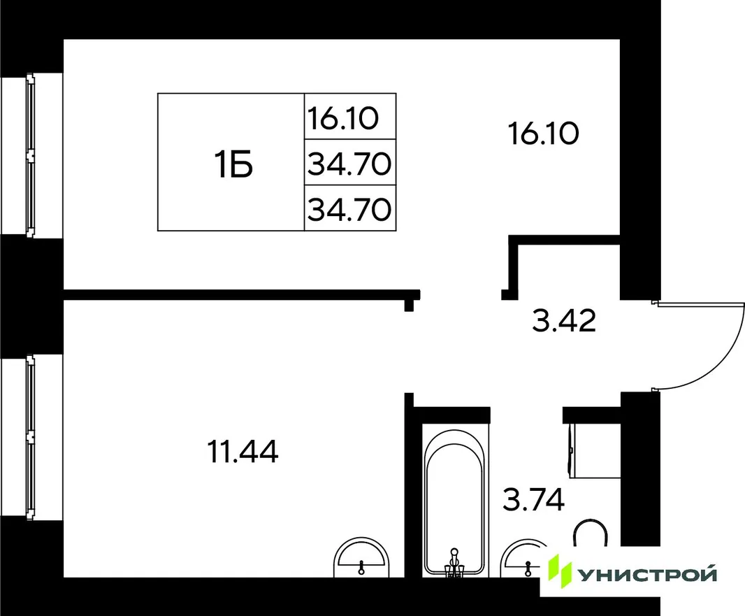 Планировка 1-комн. квартира, 34.7 м² ЖК «Царёво City»