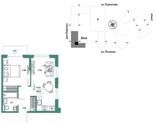 Планировка 2-комн. квартира, 41.63 м² ЖК «Остров-сад»