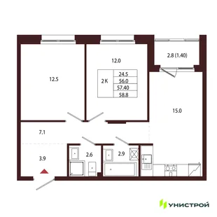 Планировка 2-комн. квартира, 57.4 м² ЖК «Лисино»