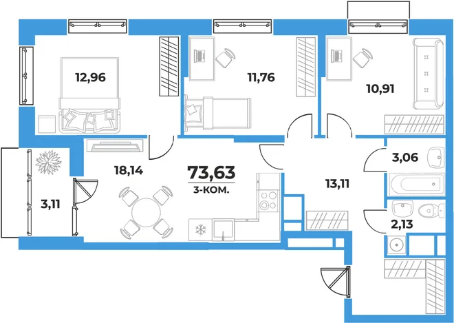 Планировка 3-комн. квартира, 73.63 м² ЖК «На семи холмах» Планировка 3-комн. квартира, 73.63 м² ЖК «На семи холмах»