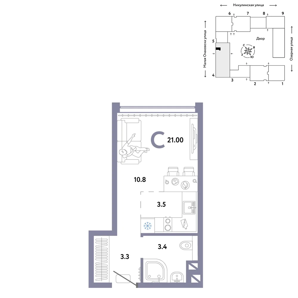 Планировка Студия, 21 м² ЖК «Страна.Озёрная»