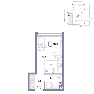 Планировка Студия, 21 м² ЖК «Страна.Озёрная»