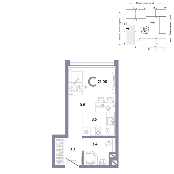 Планировка Студия, 21 м² ЖК «Страна.Озёрная» Планировка Студия, 21 м² ЖК «Страна.Озёрная»