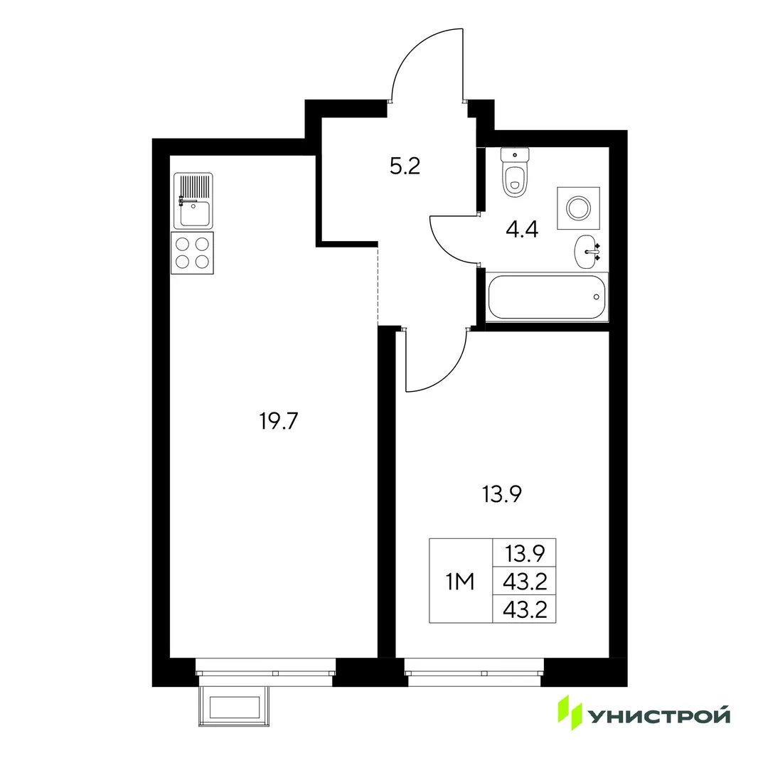 Планировка 1-комн. квартира, 43.2 м² ЖК «Стадиум»
