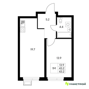 Планировка 1-комн. квартира, 43.2 м² ЖК «Стадиум»