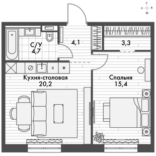 Квартира 2-комн. квартира, 47.7 м² ЖК «Фриссон» Фото 1 Квартира 2-комн. квартира, 47.7 м² ЖК «Фриссон» Фото 1