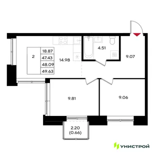 Планировка 2-комн. квартира, 48.09 м² ЖК «Уникум на Энгельса»