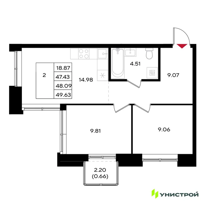 Планировка 2-комн. квартира, 48.09 м² ЖК «Уникум на Энгельса» Планировка 2-комн. квартира, 48.09 м² ЖК «Уникум на Энгельса»