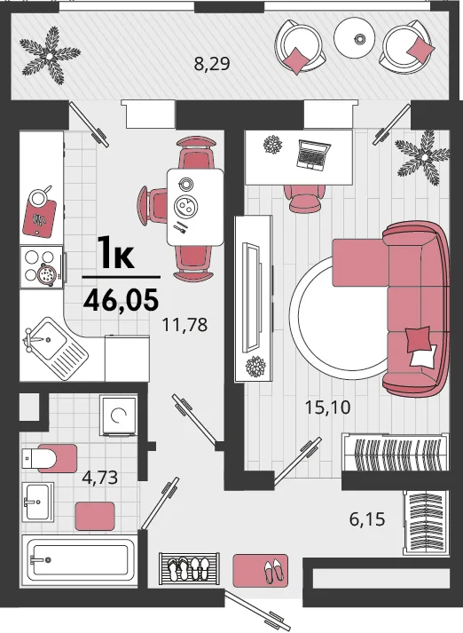 Планировка 1-комн. квартира, 46.05 м² ЖК «Родные просторы»