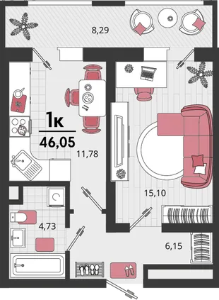 Планировка 1-комн. квартира, 46.05 м² ЖК «Родные просторы»