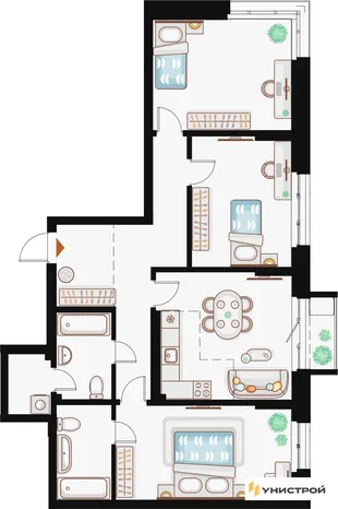 Планировка 3-комн. квартира, 96.45 м² ЖК «Жилой кластер Q на Кулагина»