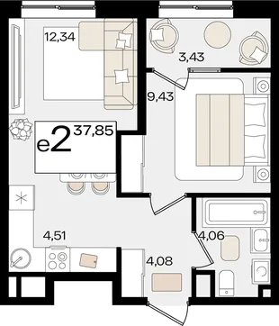 Планировка 2-комн. квартира, 37.85 м² ЖК «Патрики»
