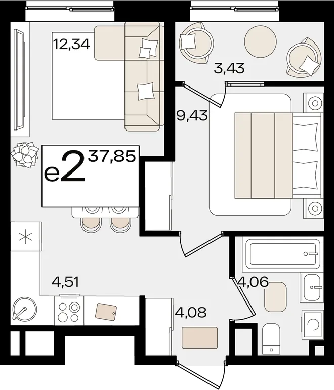 Планировка 2-комн. квартира, 37.85 м² ЖК «Патрики» Планировка 2-комн. квартира, 37.85 м² ЖК «Патрики»