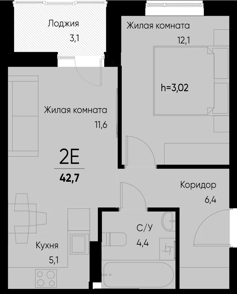 Планировка 2-комн. квартира, 42.7 м² ЖК «Васильевский остров»