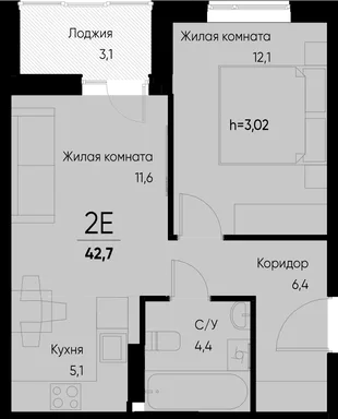 Планировка 2-комн. квартира, 42.7 м² ЖК «Васильевский остров»