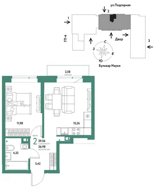 Планировка 2-комн. квартира, 39.56 м² ЖК «Авторский»
