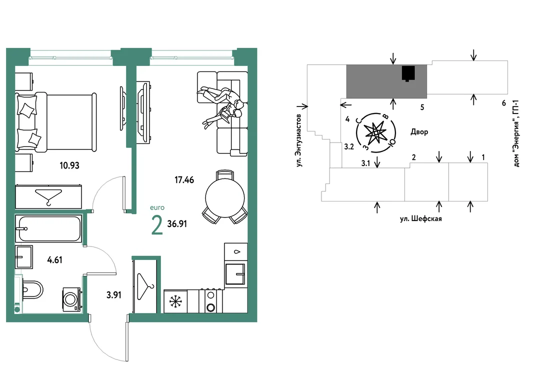 Планировка 2-комн. квартира, 36.91 м² ЖК «Страна.Энтузиастов»