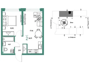 Планировка 2-комн. квартира, 36.91 м² ЖК «Страна.Энтузиастов»