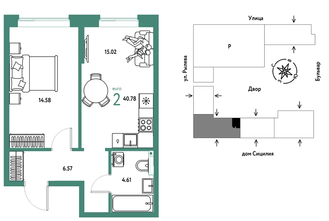 Планировка 2-комн. квартира, 40.78 м² ЖК «Остров-сад»