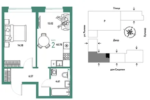 Планировка 2-комн. квартира, 40.78 м² ЖК «Остров-сад»