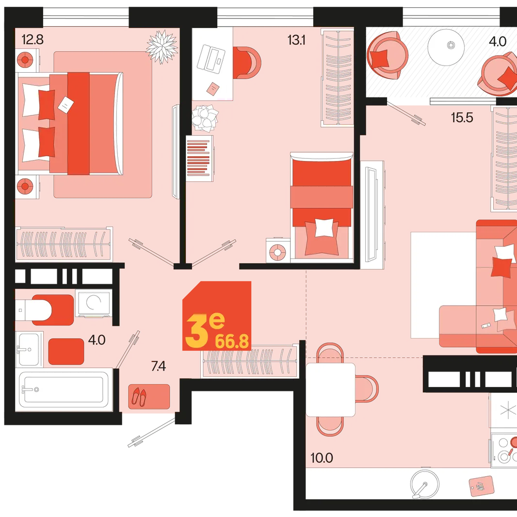 Планировка 3-комн. квартира, 66.8 м² ЖК «Первое место»