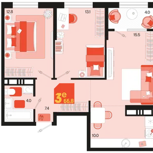 Планировка 3-комн. квартира, 66.8 м² ЖК «Первое место»