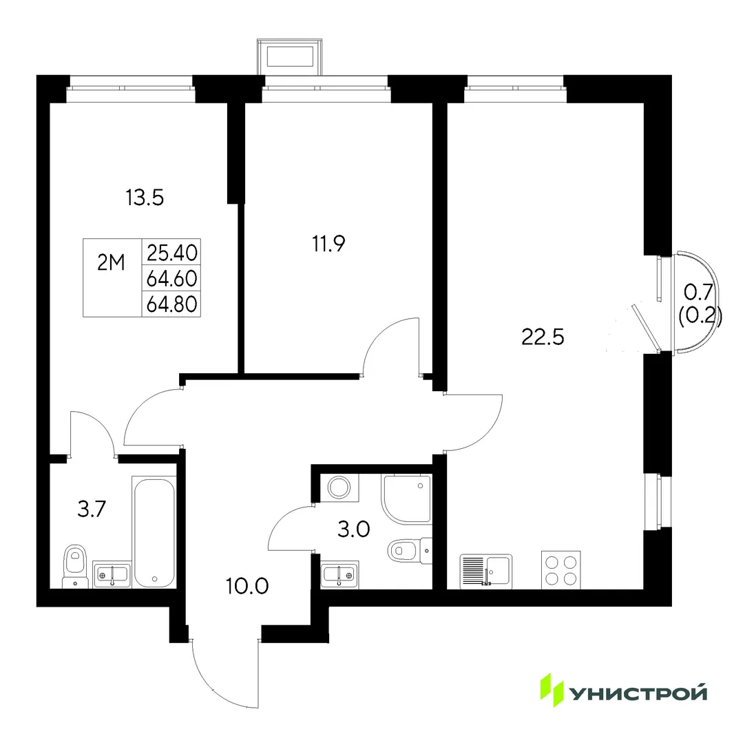 Планировка 2-комн. квартира, 64.8 м² ЖК «Стадиум»