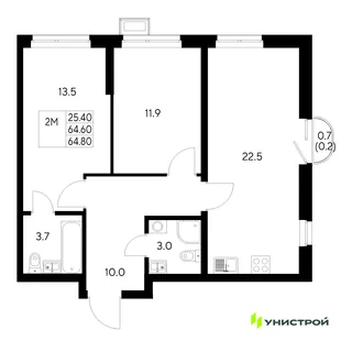 Планировка 2-комн. квартира, 64.8 м² ЖК «Стадиум»