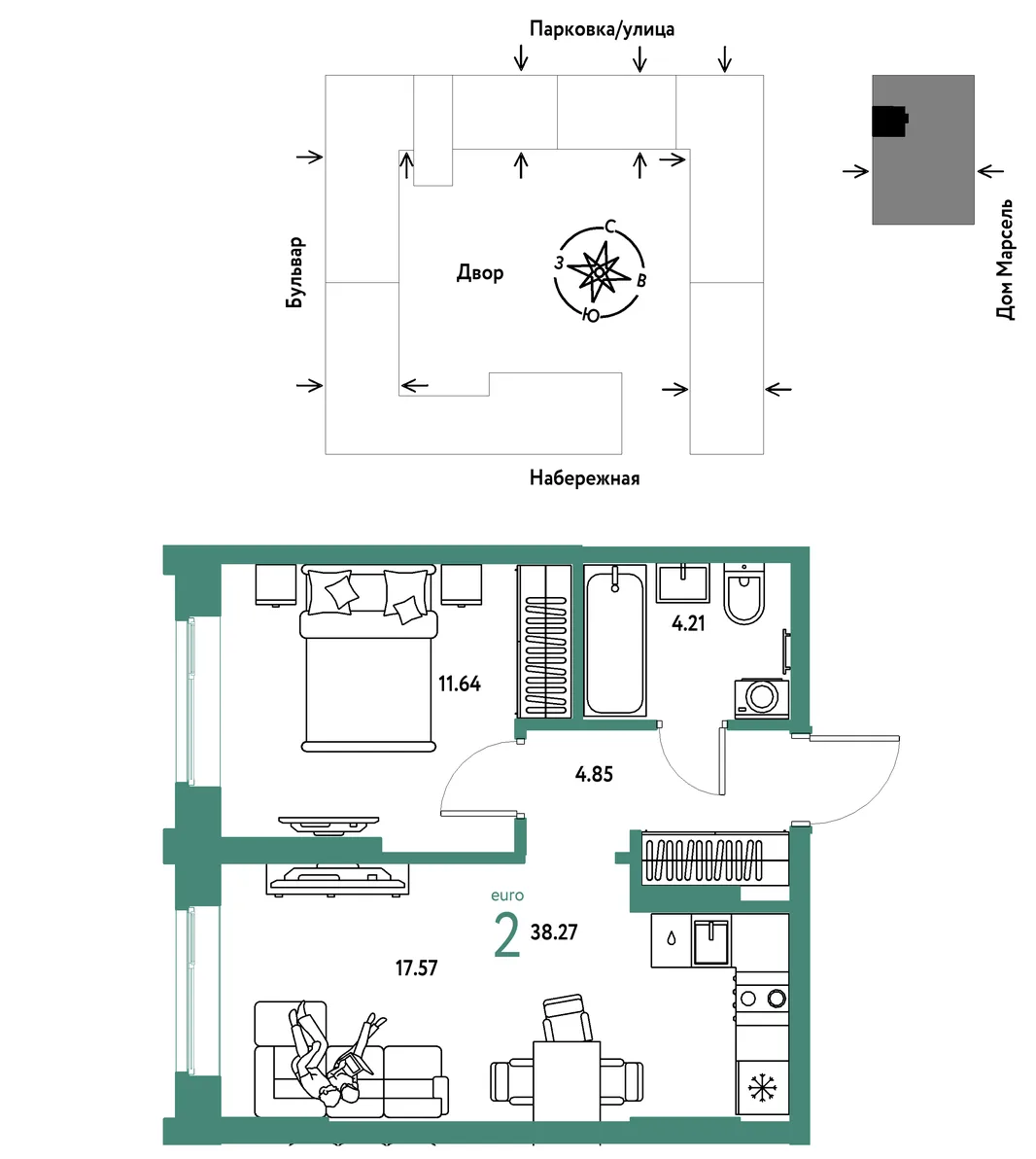 Планировка 2-комн. квартира, 38.27 м² ЖК «Европейский берег 2.0»