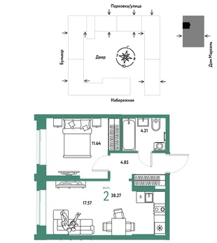 Планировка 2-комн. квартира, 38.27 м² ЖК «Европейский берег 2.0»