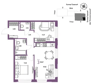 Планировка 3-комн. квартира, 58.67 м² ЖК «Микрорайон Домашний»