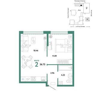 Планировка 2-комн. квартира, 36.73 м² ЖК «Сердце Сибири»