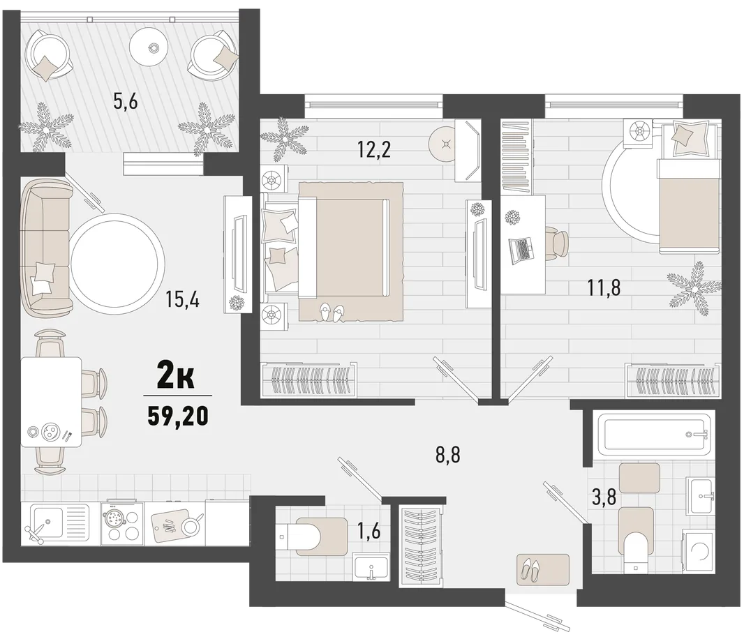 Планировка 2-комн. квартира, 59.2 м² ЖК «Барса»