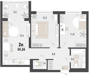 Планировка 2-комн. квартира, 59.2 м² ЖК «Барса»