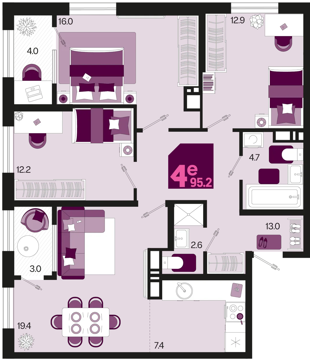 Планировка 4-комн. квартира, 95.2 м² ЖК «Первое место»