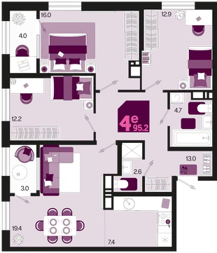 Планировка 4-комн. квартира, 95.2 м² ЖК «Первое место»