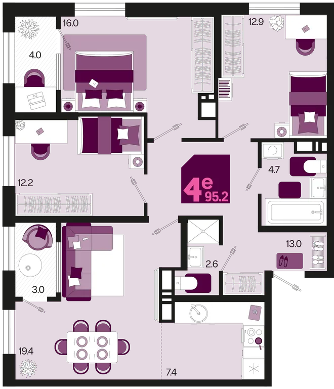Планировка 4-комн. квартира, 95.2 м² ЖК «Первое место» Планировка 4-комн. квартира, 95.2 м² ЖК «Первое место»
