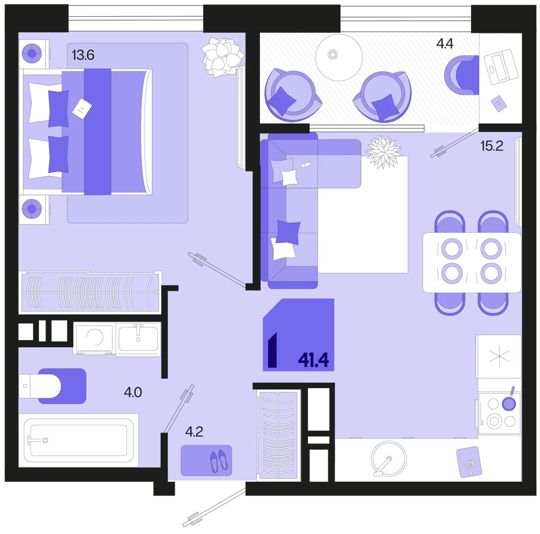 Планировка 1-комн. квартира, 41.4 м² ЖК «Первое место»