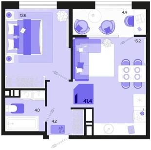 Планировка 1-комн. квартира, 41.4 м² ЖК «Первое место»