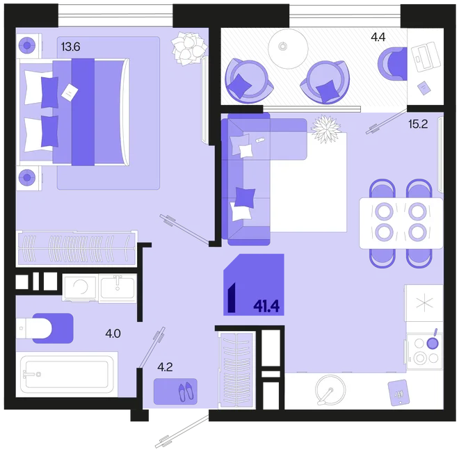 Планировка 1-комн. квартира, 41.4 м² ЖК «Первое место» Планировка 1-комн. квартира, 41.4 м² ЖК «Первое место»
