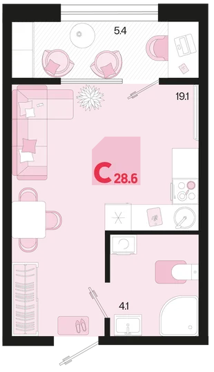 Планировка Студия, 28.6 м² ЖК «Первое место»