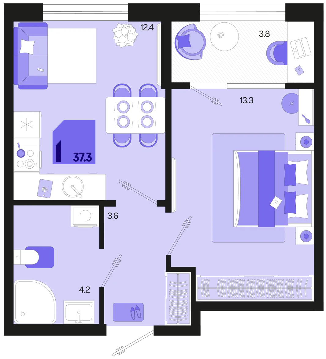 Планировка 1-комн. квартира, 37.3 м² ЖК «Первое место»