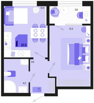 Планировка 1-комн. квартира, 37.3 м² ЖК «Первое место»