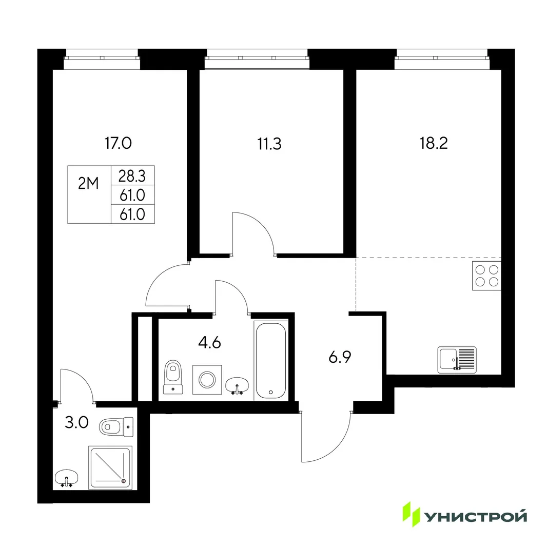 Планировка 2-комн. квартира, 61 м² ЖК «Стадиум»