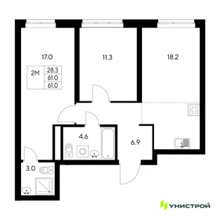 Планировка 2-комн. квартира, 61 м² ЖК «Стадиум»